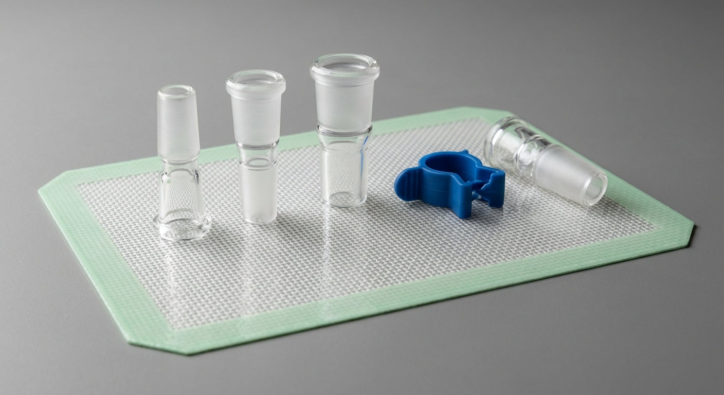 Close-up of 10mm/14mm/18mm glass joints with a keck clip and a joint adapter laid out