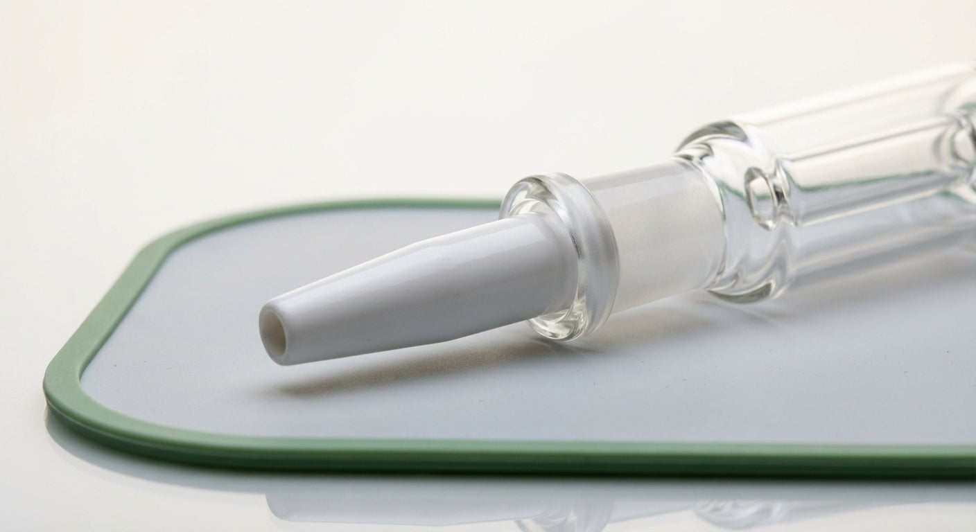 Close-up of a 14mm ceramic nectar tip next to a nectar collector body,  the joint connection and tip profile