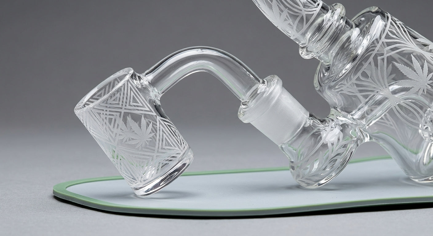 Close-up of a beautifully etched quartz banger on a glass rig, with custom designs visible on the neck and joint area