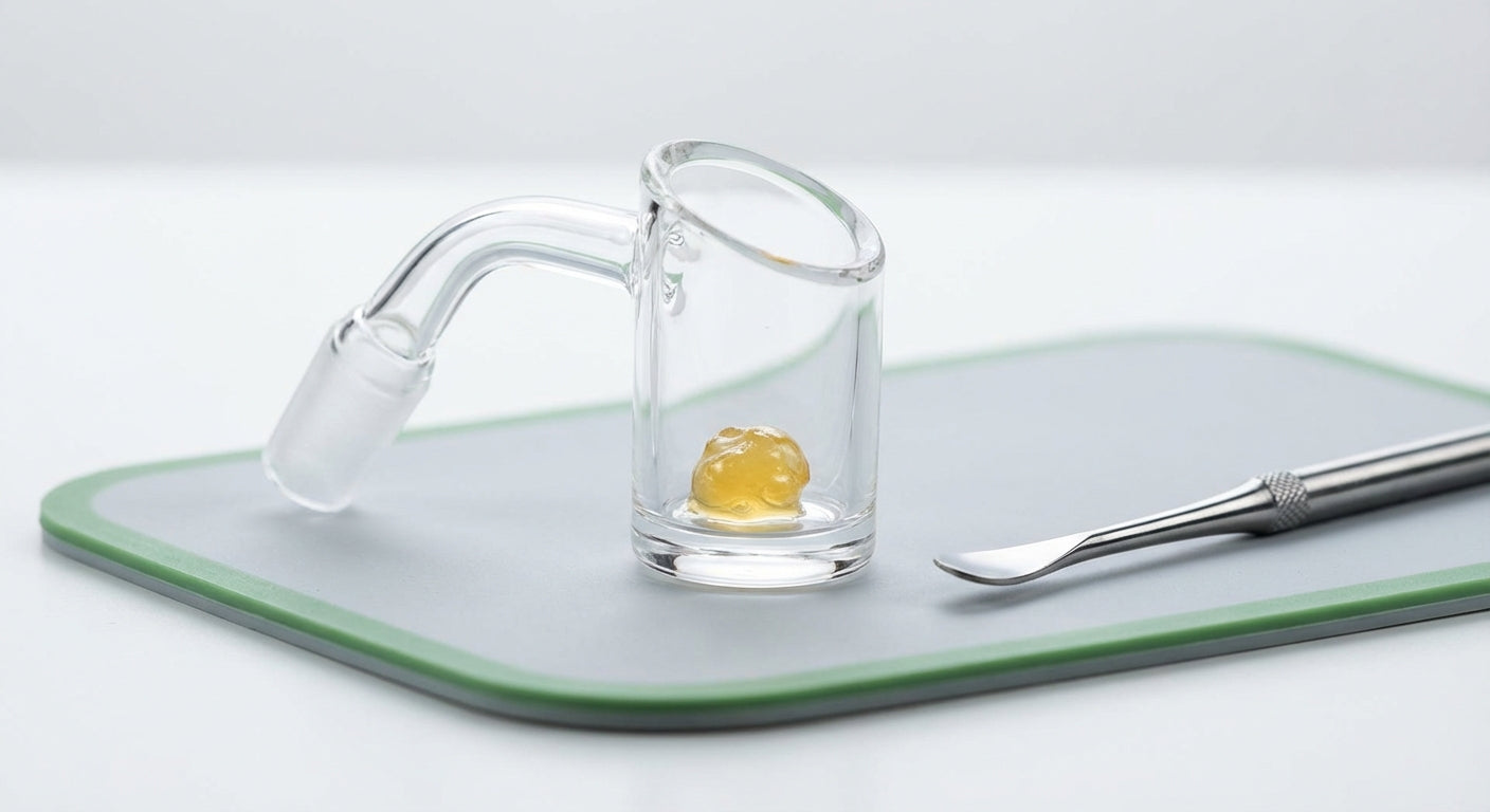 Close-up of a clean quartz banger with a small amount of live resin loaded inside, ready for a cold start dab