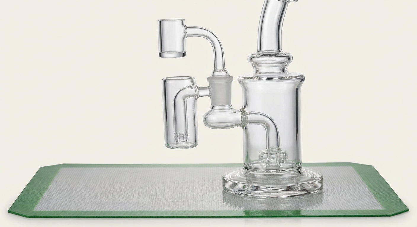 Close-up of a dab rig with a reclaim catcher installed between the banger and rig