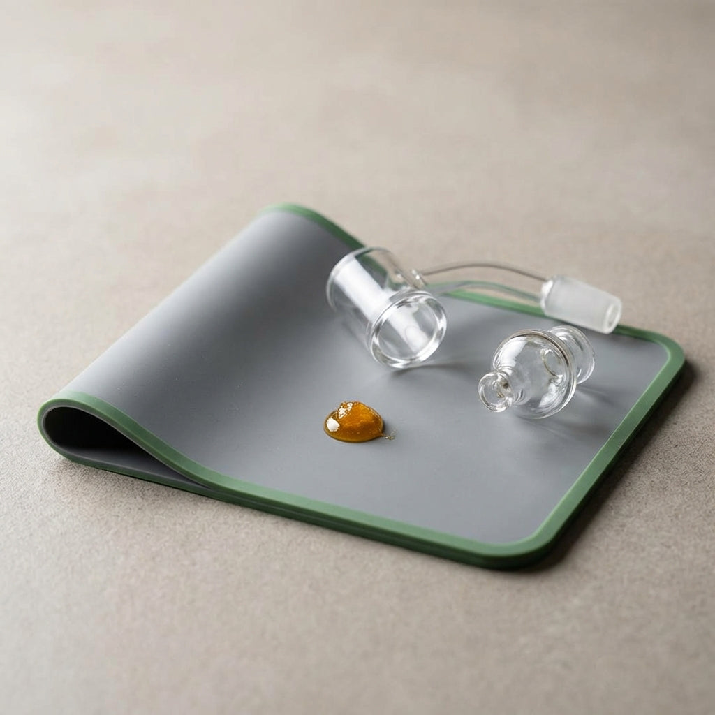 Close-up of a golden live resin concentrate on a silicone dab pad with a quartz banger and carb cap beside it