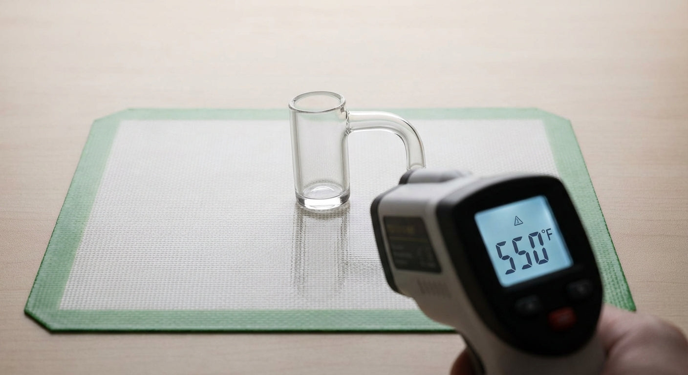 Close-up of a quartz banger being measured with an IR temp gun