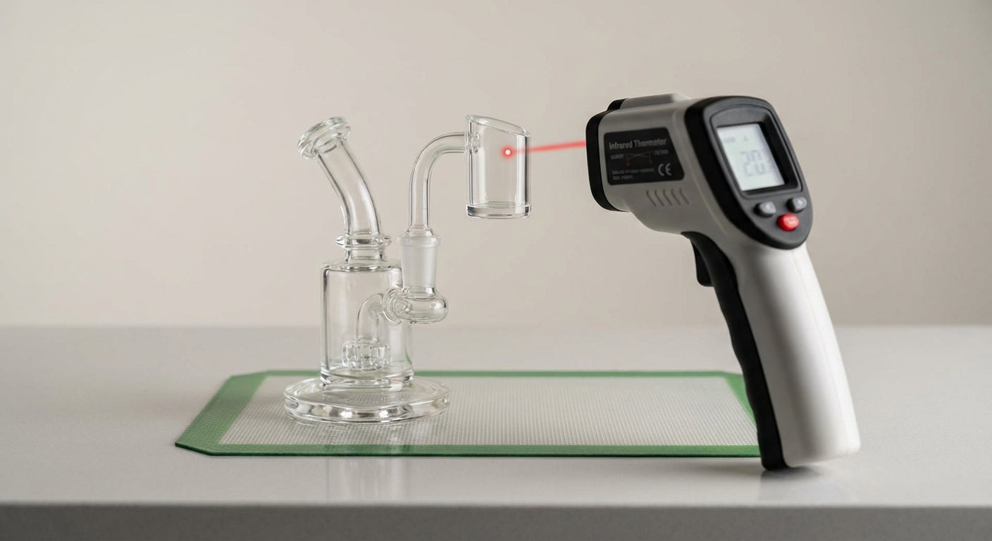 Close-up of a quartz banger on a rig with an IR thermometer pointed at it