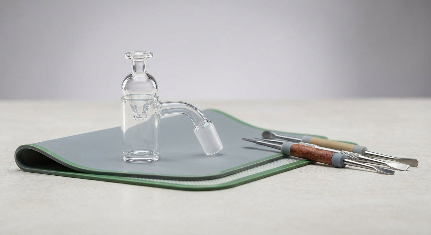 Close-up of a quartz banger with a carb cap resting on a silicone dab pad, concentrate tools arranged neatly nearby