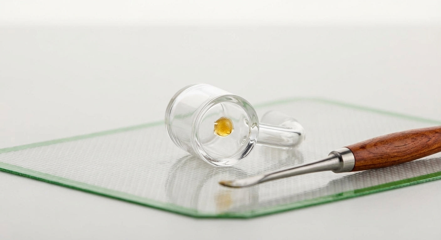 Close-up of a quartz banger with a small dab loaded for a cold start