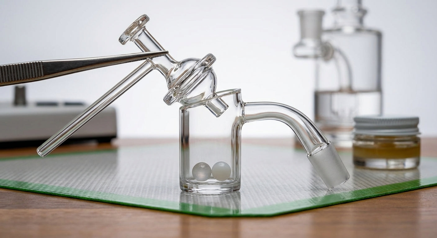 Close-up of a quartz banger with two terp pearls and a carb cap positioned above it, ready for a low-temp dab session