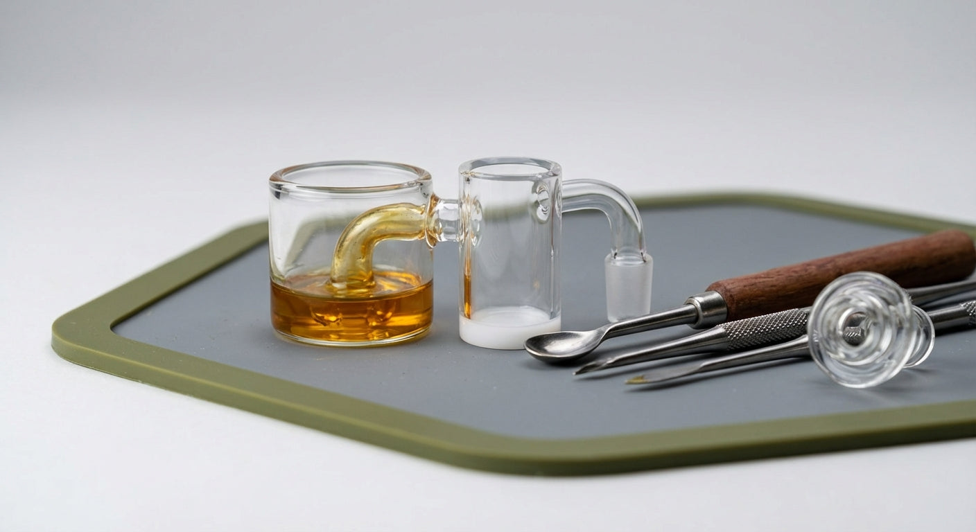 Close-up of amber reclaim pooled in a glass reclaim catcher next to a quartz banger and dab tools on a silicone dab mat