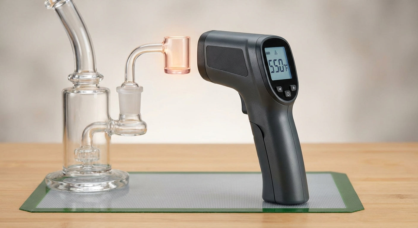 Close-up of an IR thermometer aimed at a quartz banger on a dab rig