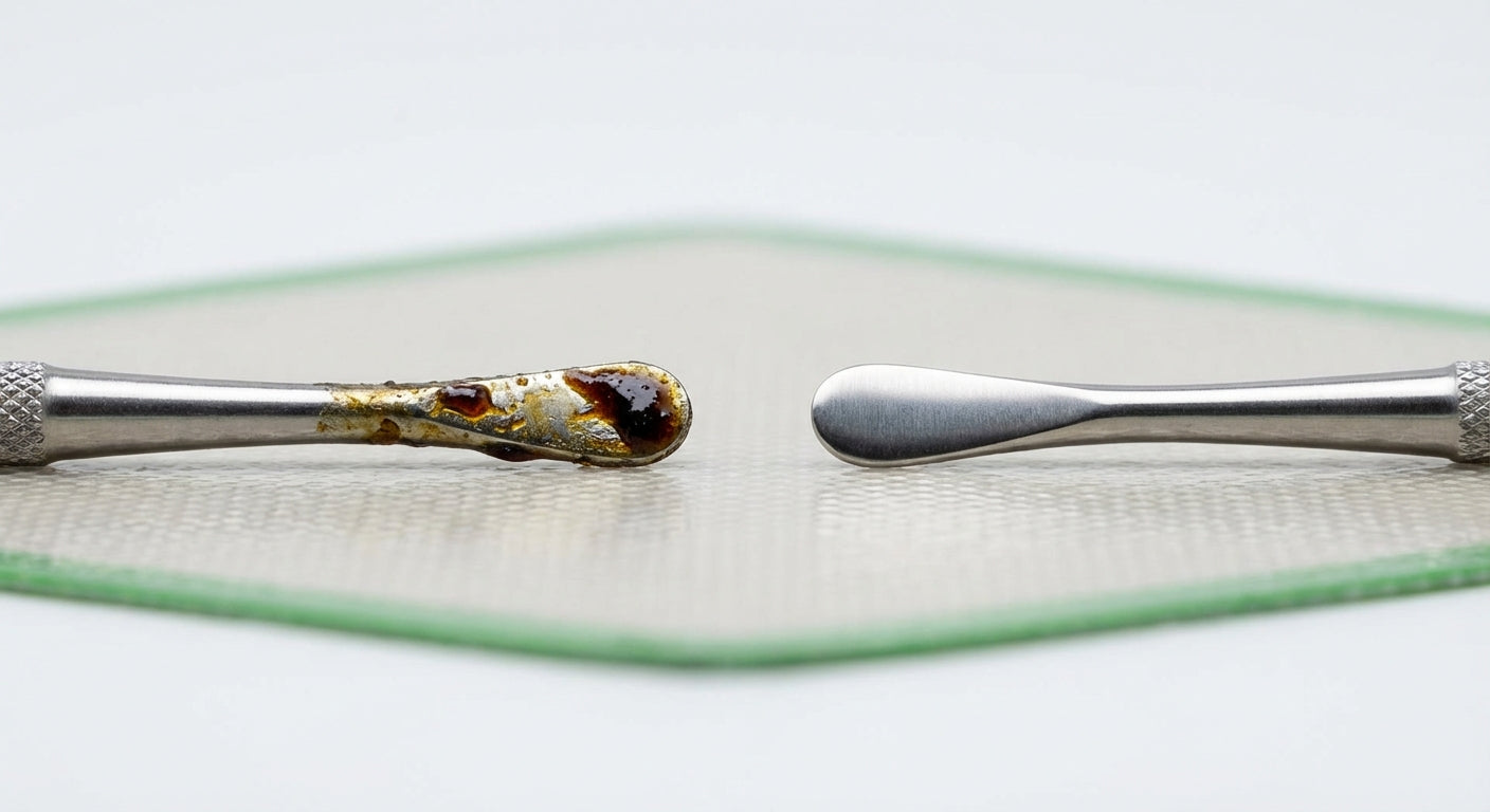 Close-up of dirty vs clean dab tool tips,  reclaim buildup