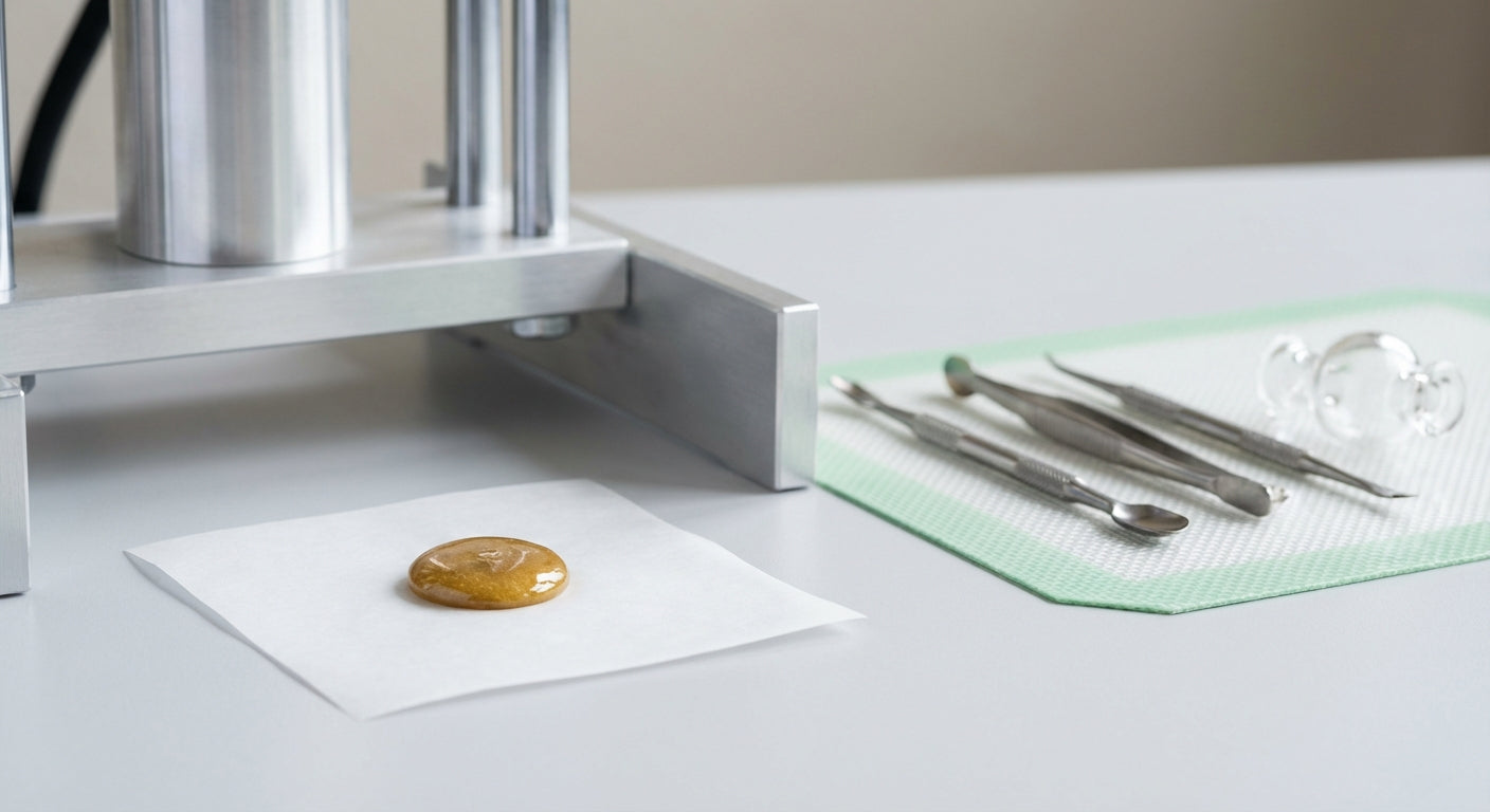 Close-up of fresh rosin on parchment paper beside a press and dab tools