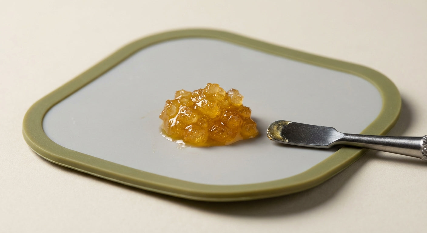 Close-up of live resin concentrate  the glistening, terpene-rich texture with a dab tool resting on a silicone mat