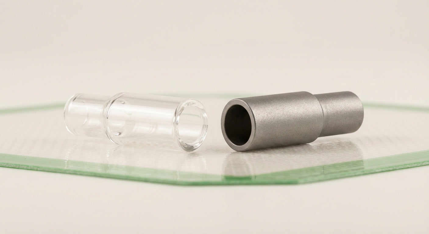 Close-up of quartz vs titanium nectar collector tips with visible texture differences