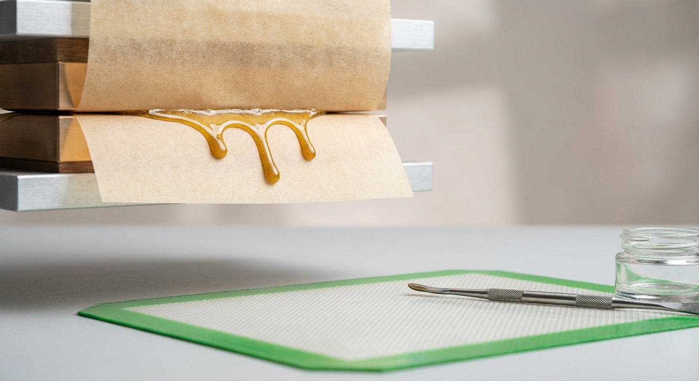 Close-up of rosin flowing from a parchment paper fold between press plates