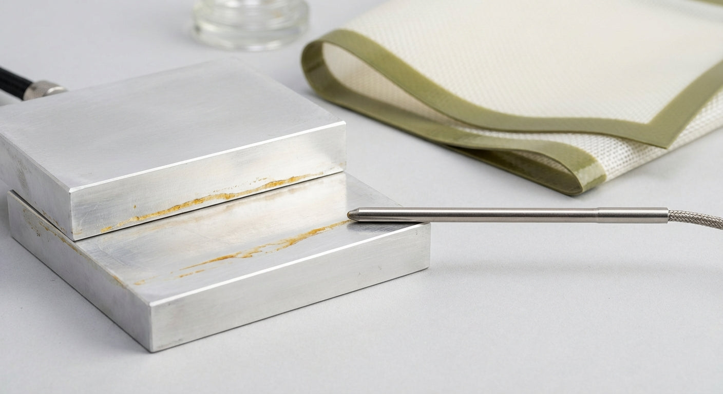 Close-up of rosin press plates with light residue and a temp probe touching the surface