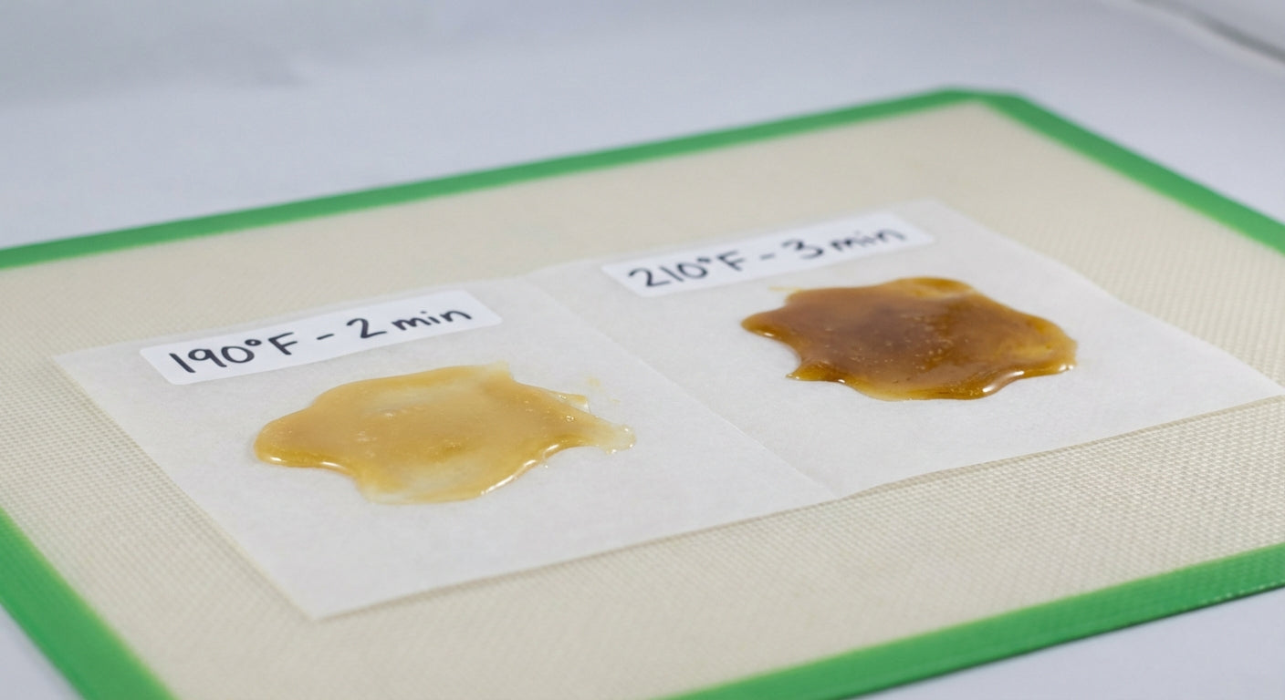 Close-up of two rosin pulls on parchment, light gold vs dark amber, labeled with temp and time
