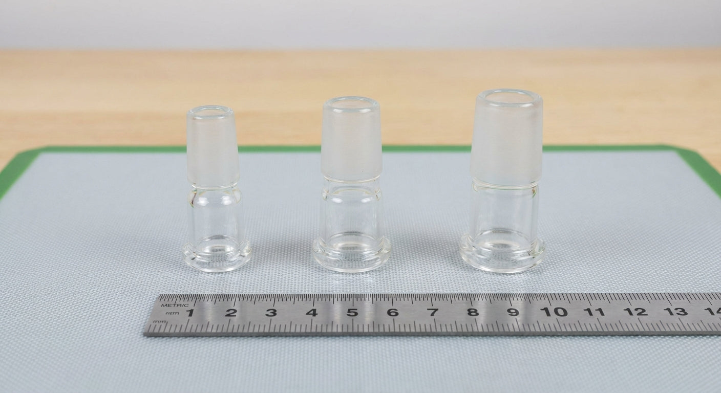 Close-up photo of 10mm, 14mm, 18mm glass joints side by side with a ruler