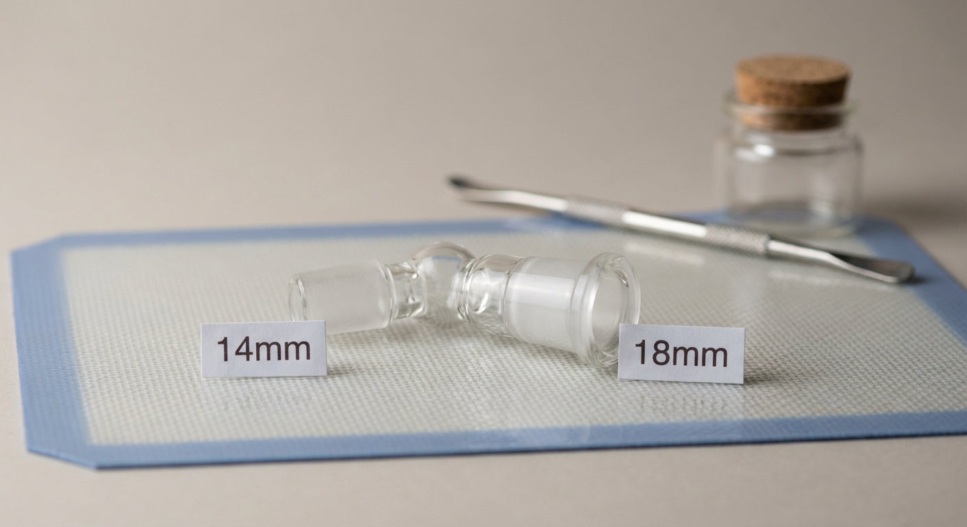 Close-up photo of bong joint with 14mm and 18mm labels