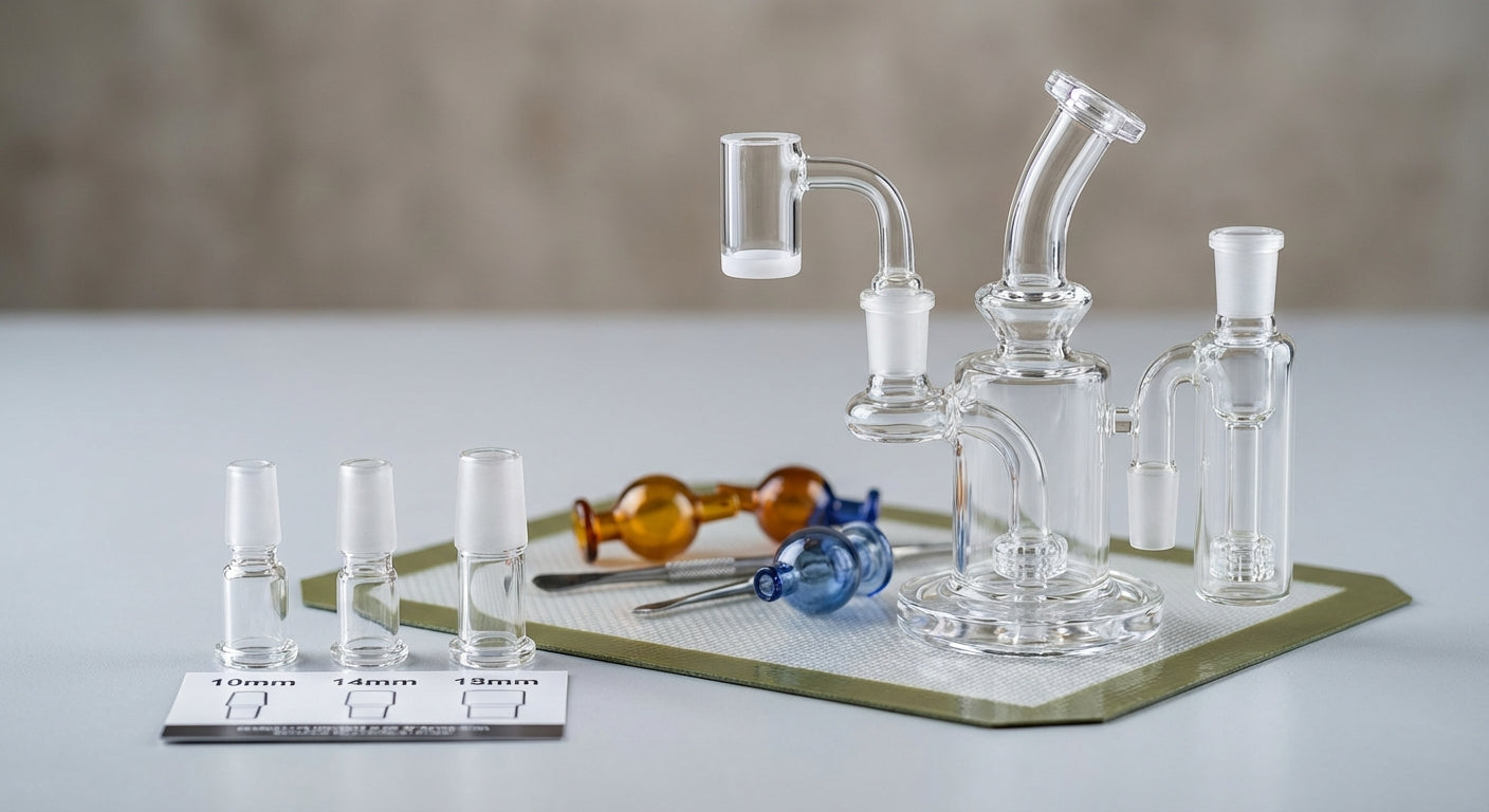 Close-up photo  10mm, 14mm, and 18mm joints with male/female examples on a dab rig setup