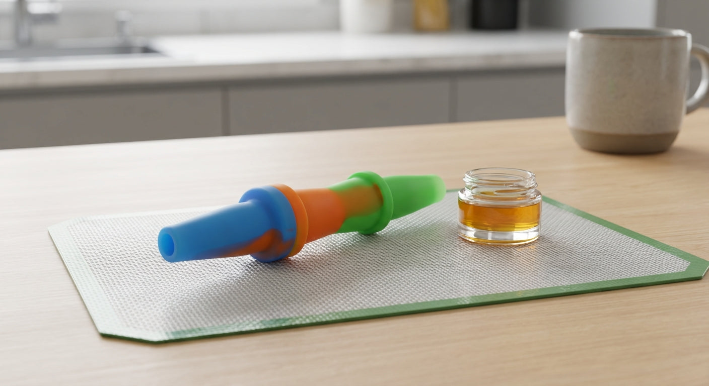Colorful silicone nectar collector lying on a silicone dab mat next to a small glass jar of concentrate