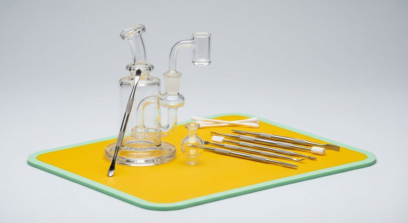 Close-up of a glass dab rig next to a bright silicone dab mat covered with tools