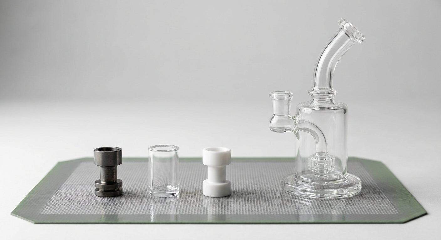 Close-up comparison of titanium, quartz, and ceramic dab nails on a silicone dab mat next to a small dab rig