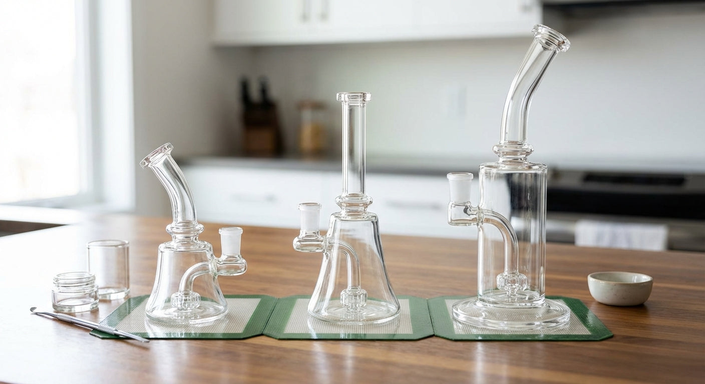 A lineup of 6-inch, 9-inch, and 13-inch dab rigs on a counter,  base width and mouthpiece height