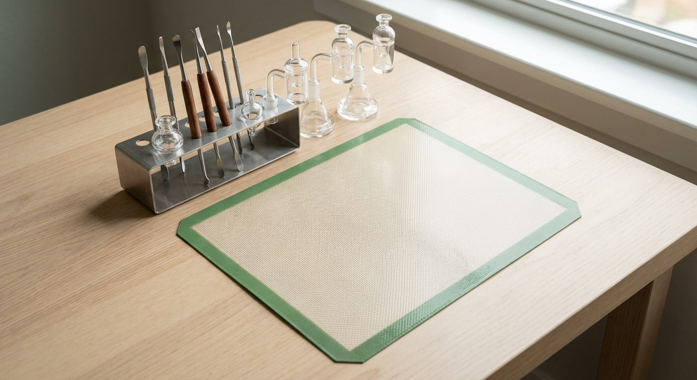 Overhead shot of a clean dab station with a silicone dab mat, tool rack, and neatly arranged caps and bangers