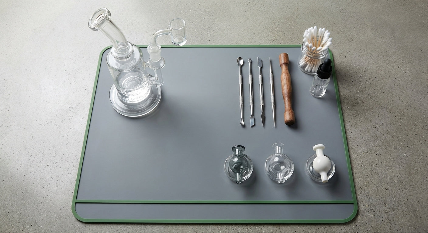 Top-down shot of a clean dab station with a large silicone dab mat, rig, tools, and carb caps neatly arranged