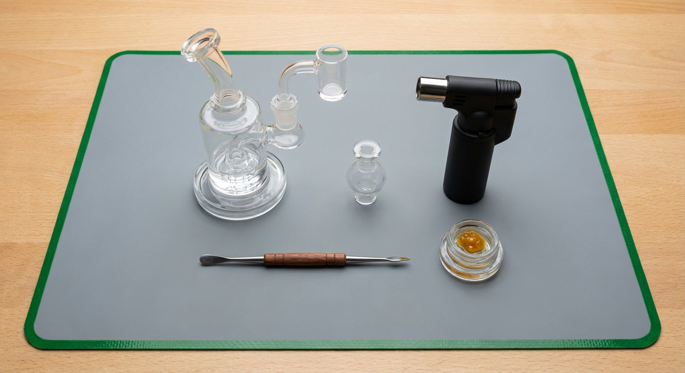 Overhead shot of a simple beginner dab setup on a silicone dab mat: small rig, torch, banger, carb cap, dab tool, and...