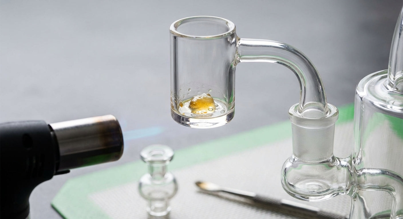 Close-up of a quartz banger with a small dab melting during a cold start, torch flame in frame