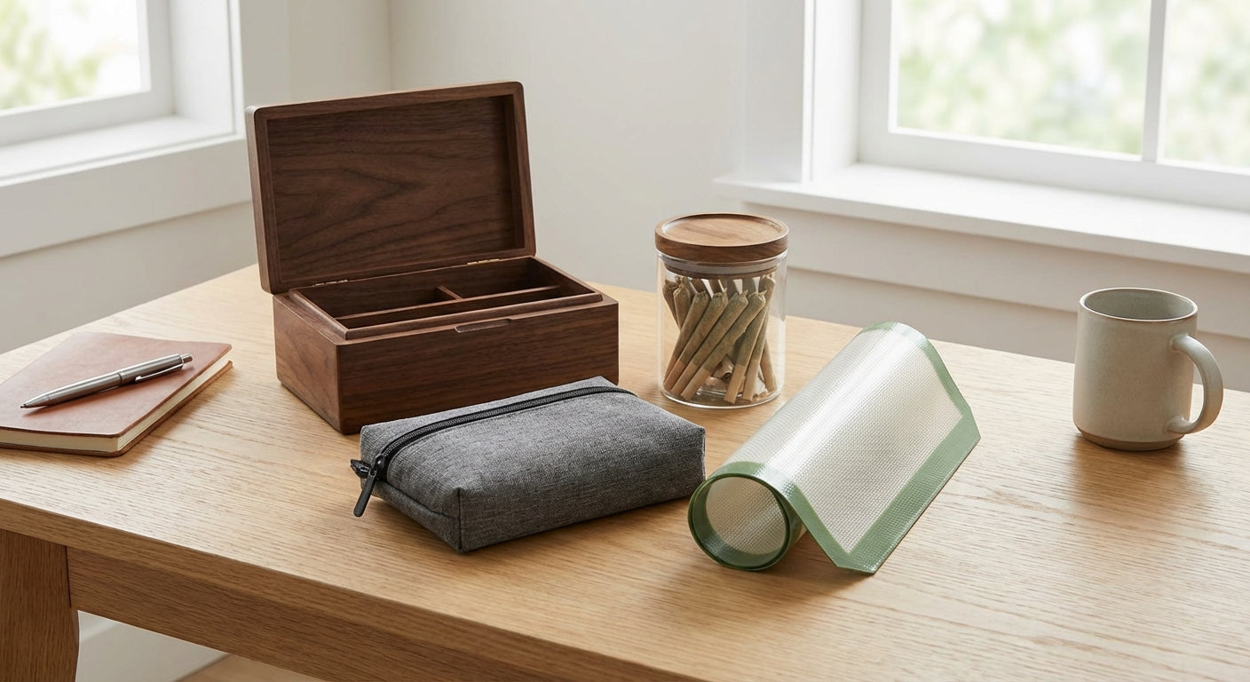 Modern stash box, smell-proof bag, and glass jar neatly arranged on a desk