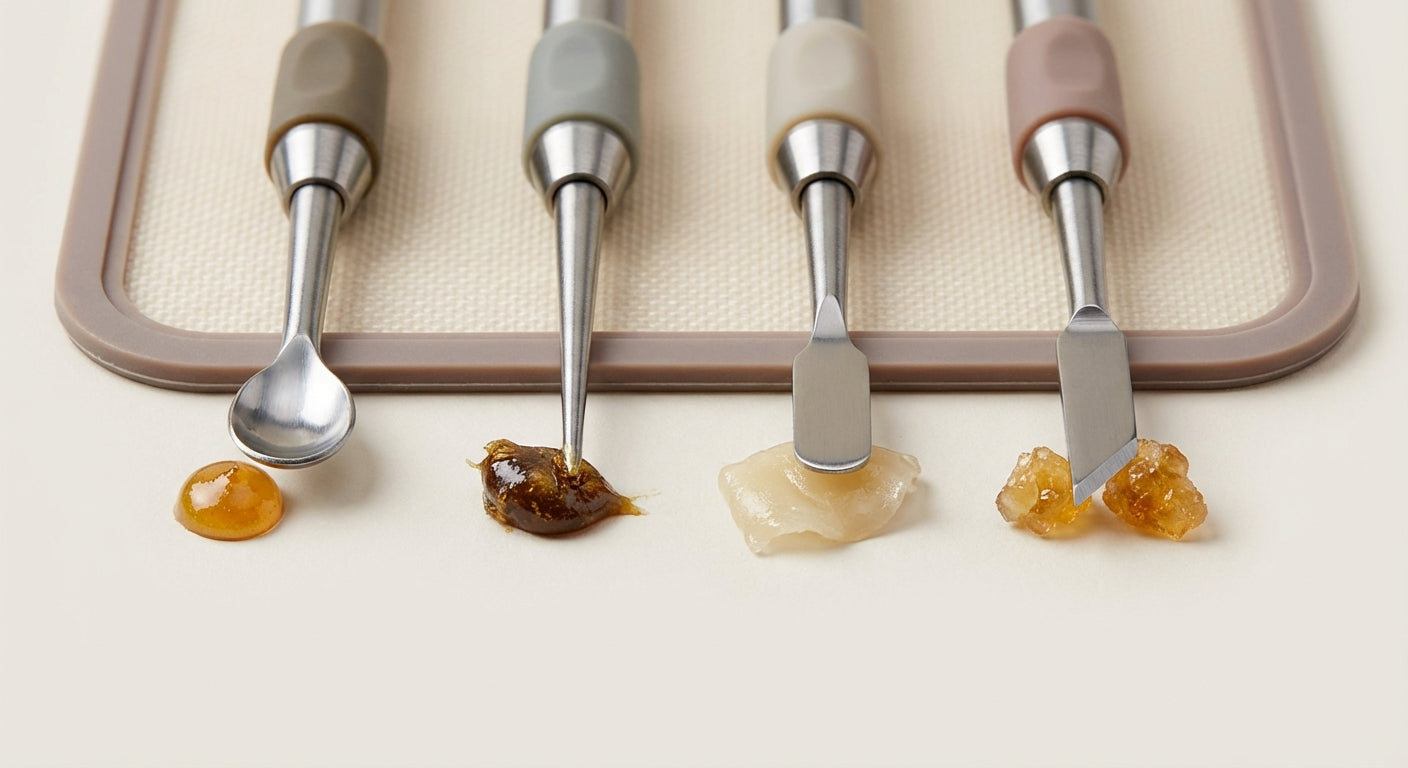 Close-up lineup of dab tool tips, scoop, pointed, paddle, and knife, with different concentrates beside each