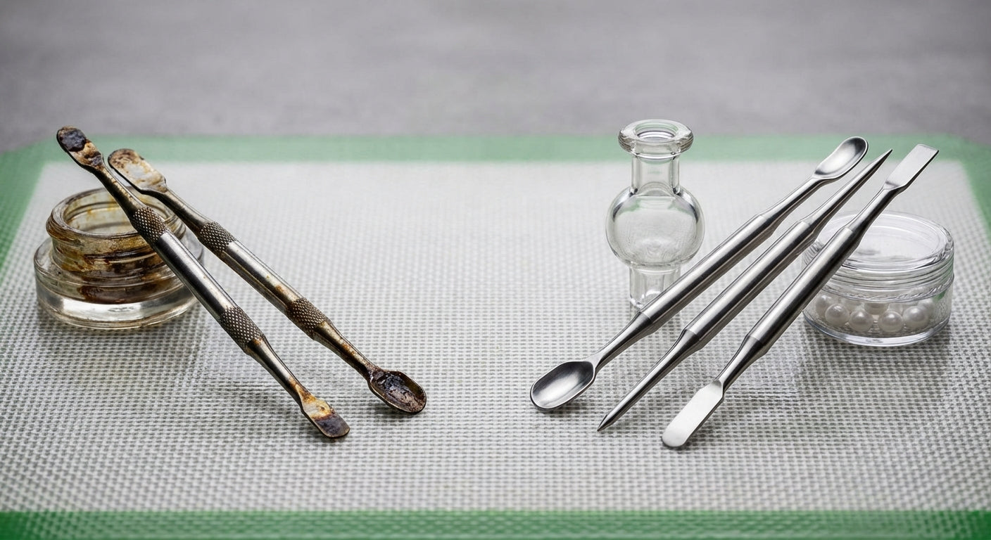 Close-up of dirty dab tools next to clean ones on a silicone dab mat
