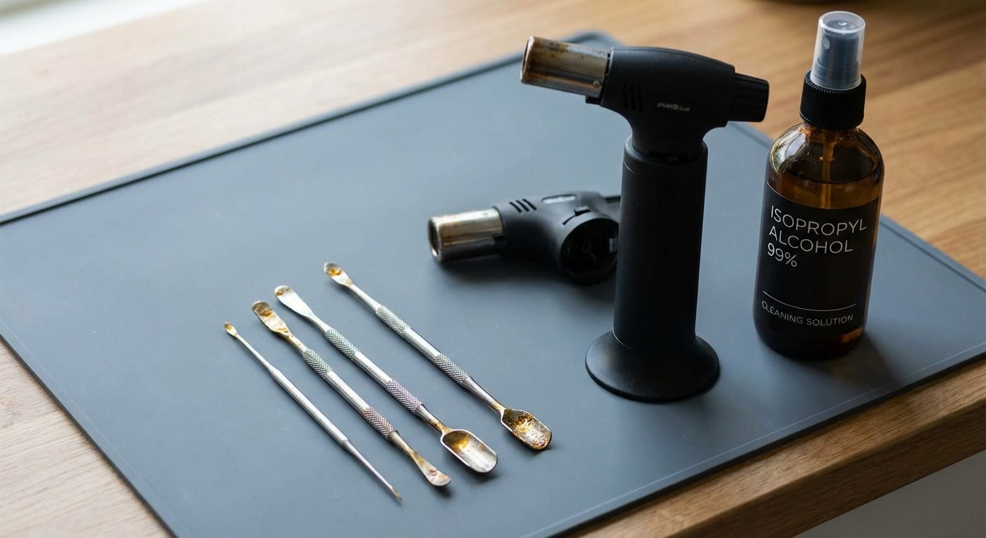 Close up of filthy dab tools on a silicone dab mat next to a torch and bottle of isopropyl alcohol