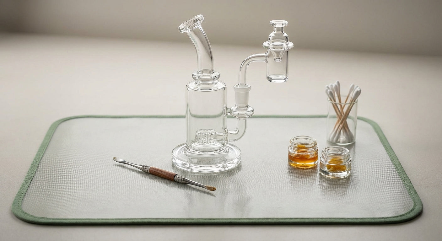 Close-up of a loaded dab rig on a large silicone dab mat with tools and jars neatly arranged