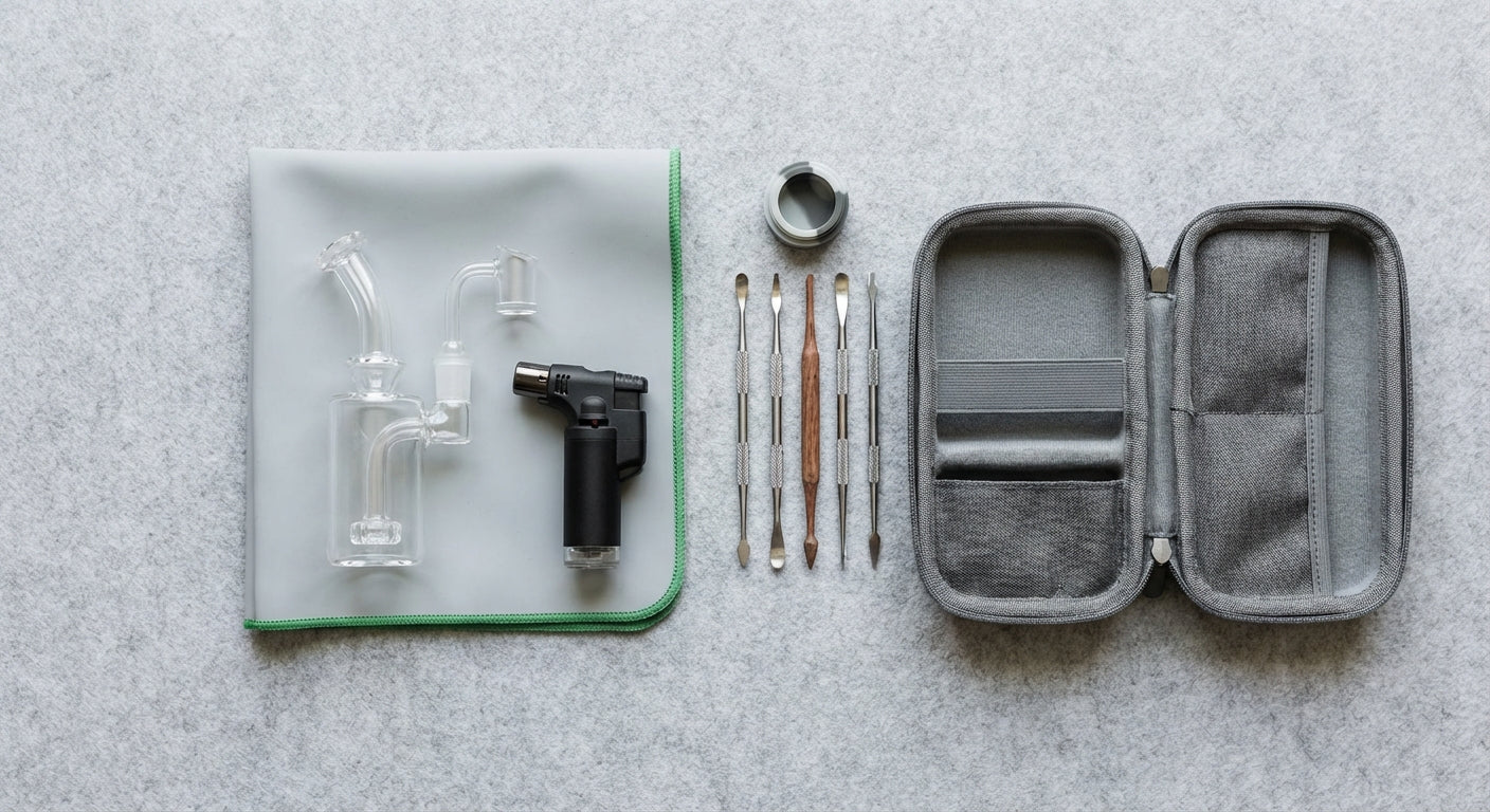 Flat lay of a neatly organized travel dab kit with mini rig, torch, dab pad, tools, and case