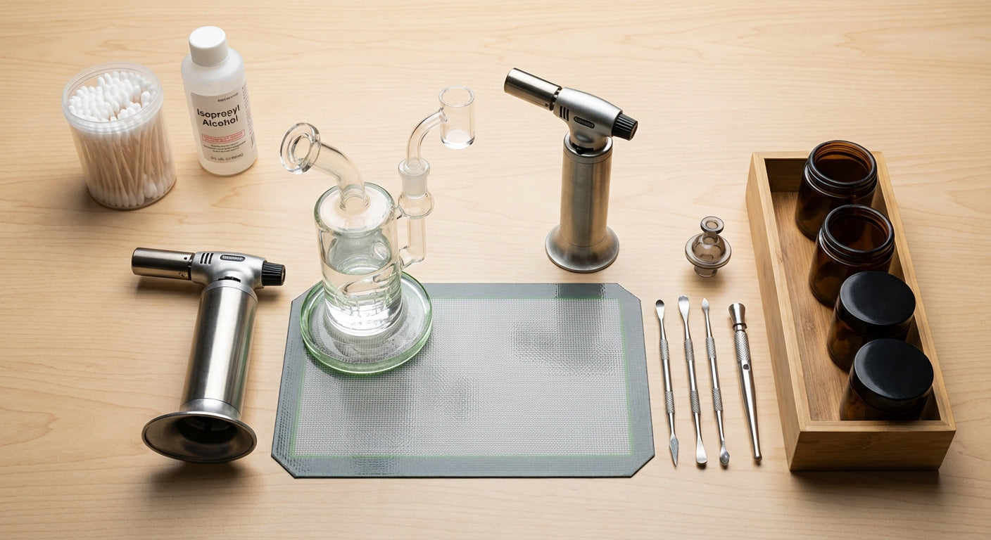 Overhead shot of a clean, organized dab station with rig, torch, silicone dab mat, tools and storage clearly arranged