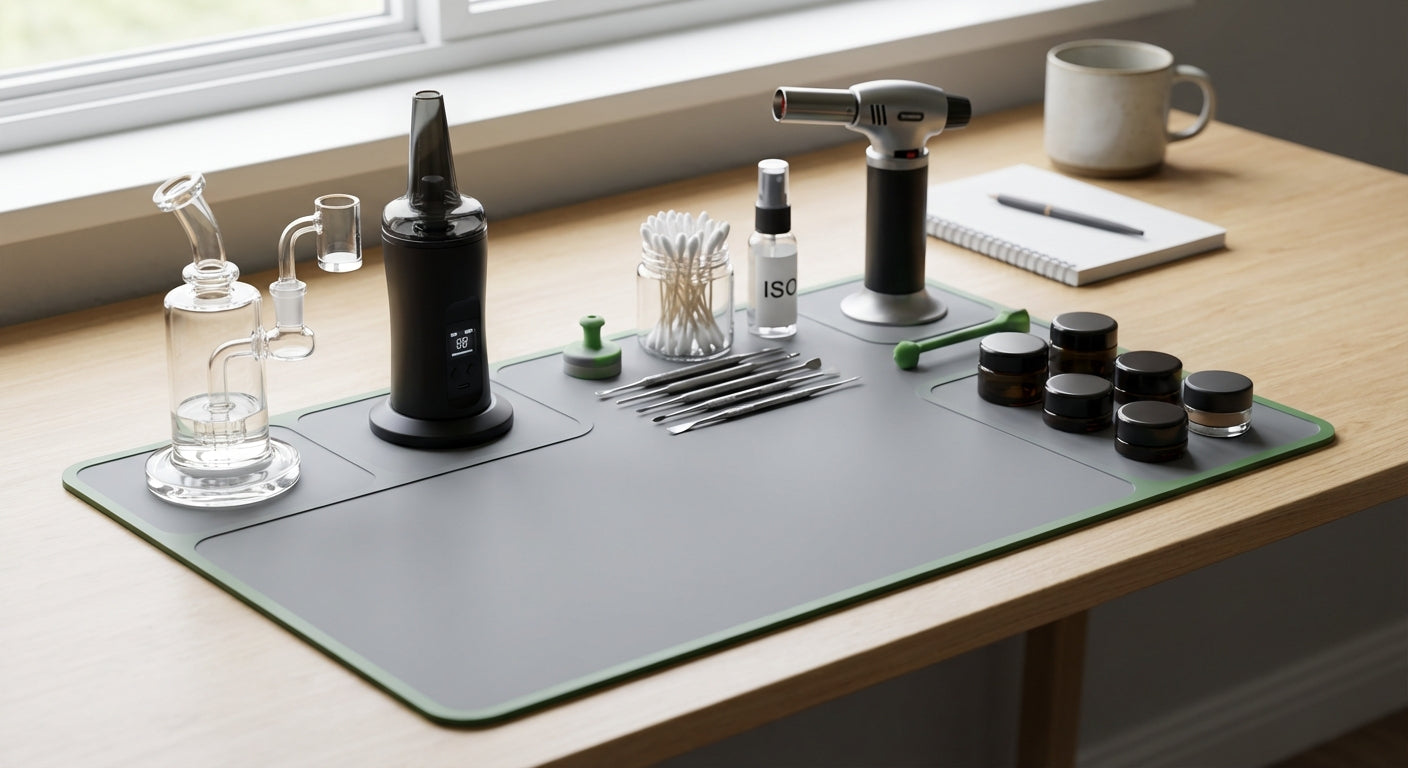A neat dab station on a desk, labeled zones for rig, torch/e-rig, tools, ISO, and concentrate storage