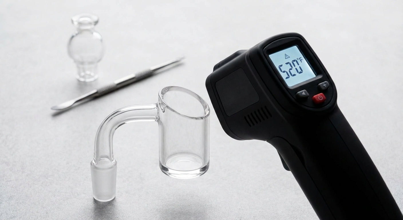 close-up of a quartz banger with an IR temp gun reading 520°F