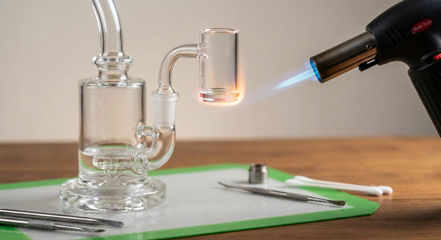 Close-up of a quartz banger being heated with a single-jet torch,  flame distance and angle