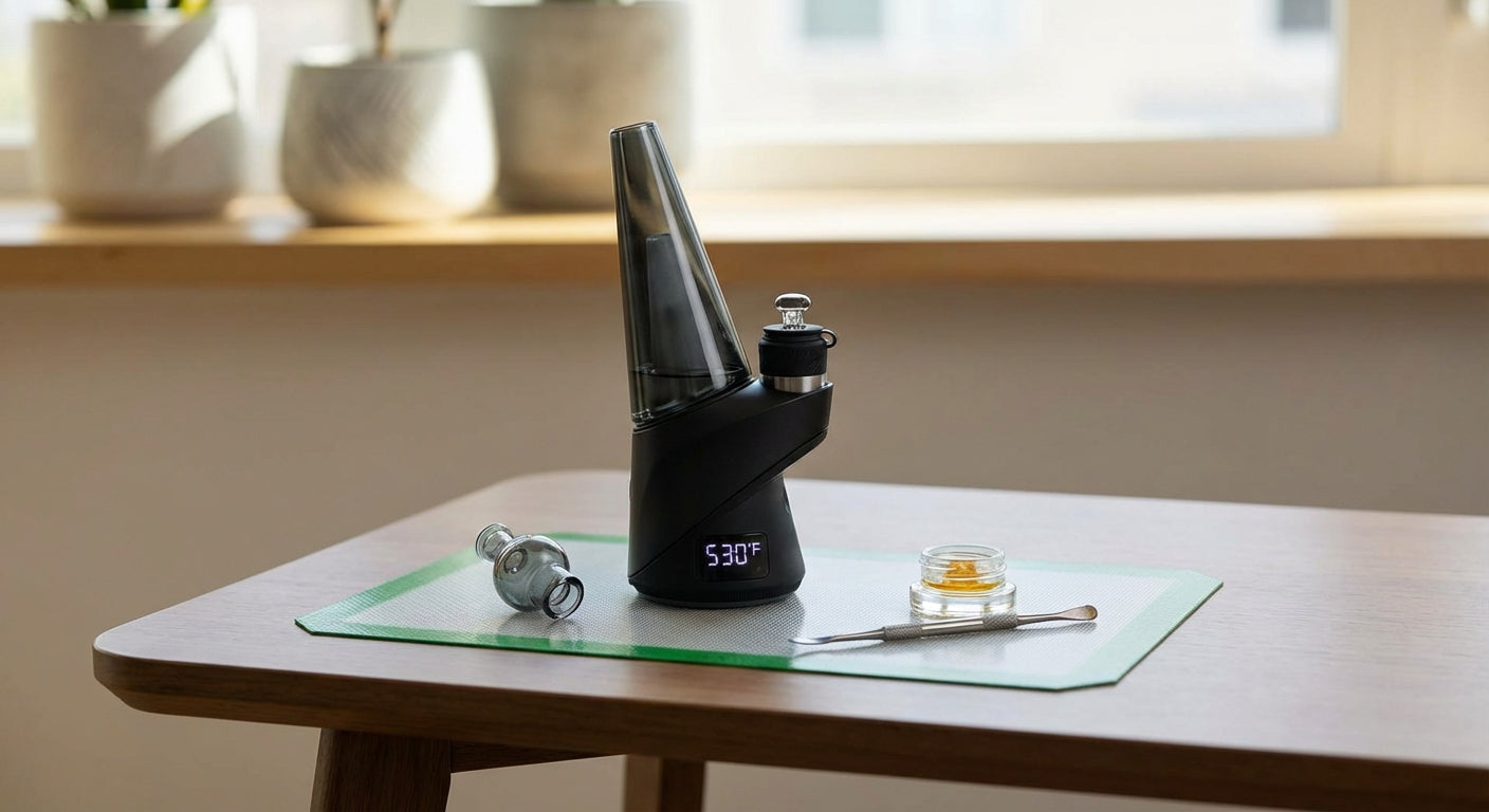 Sleek modern electronic dab rig with digital temperature display on a silicone dab pad