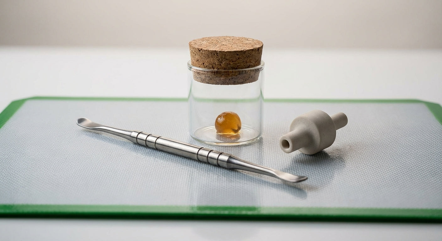 Close-up of a silicone dab mat with tools and a small glob of concentrate