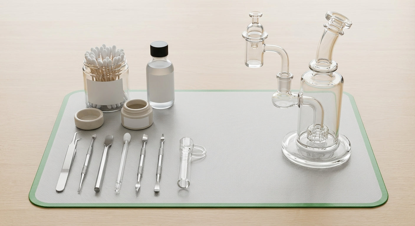 Overhead shot of a clean dab station with labeled tools on a silicone dab mat next to a glass dab rig