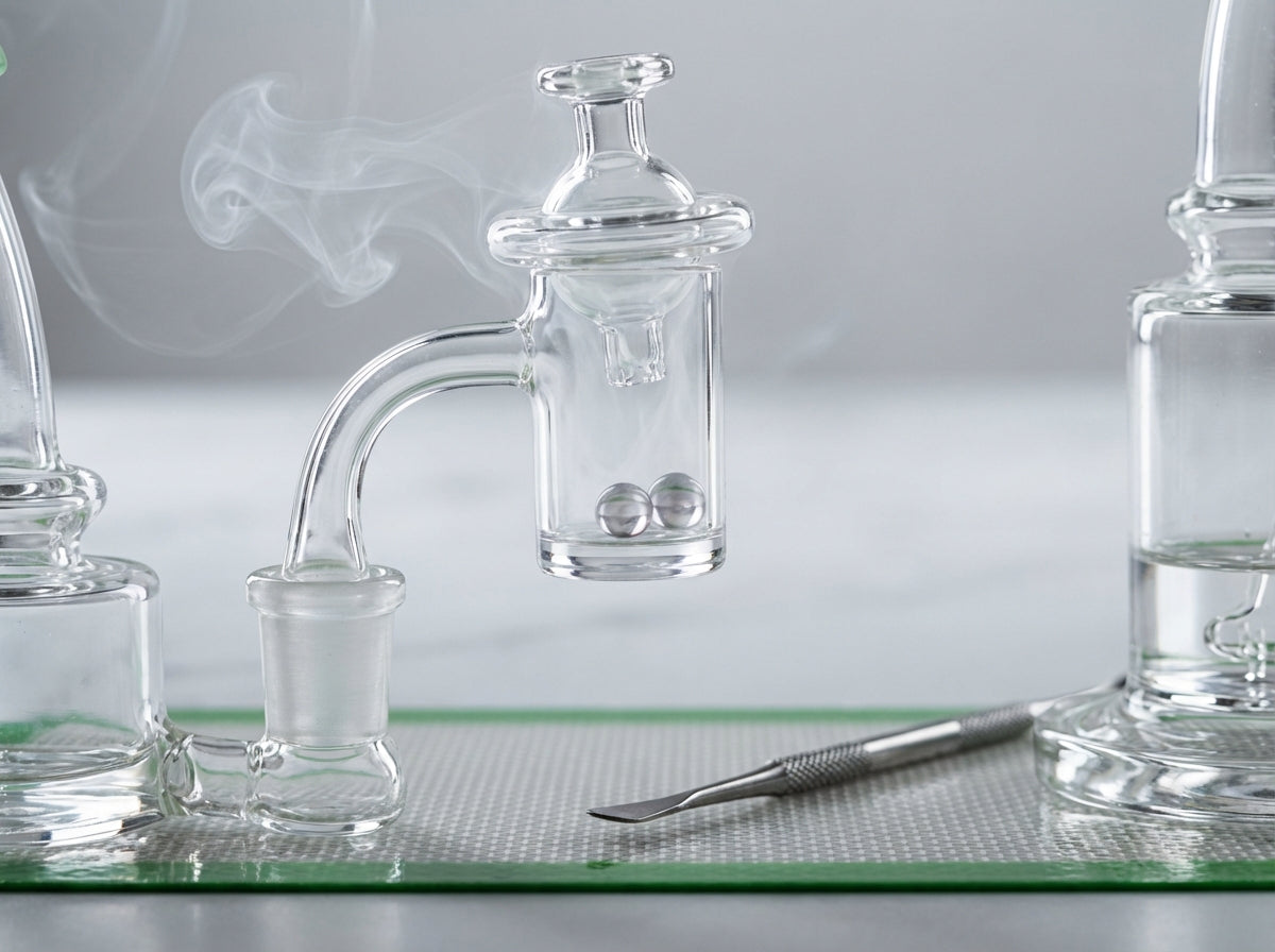 Close-up shot of a quartz banger with spinning terp pearls mid-dab