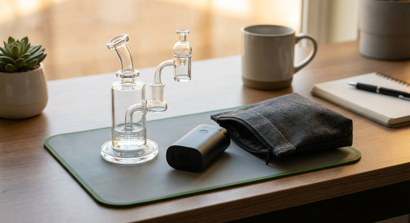A small desk setup with a dab rig, silicone dab mat, personal smoke filter, and smell-proof bag neatly arranged