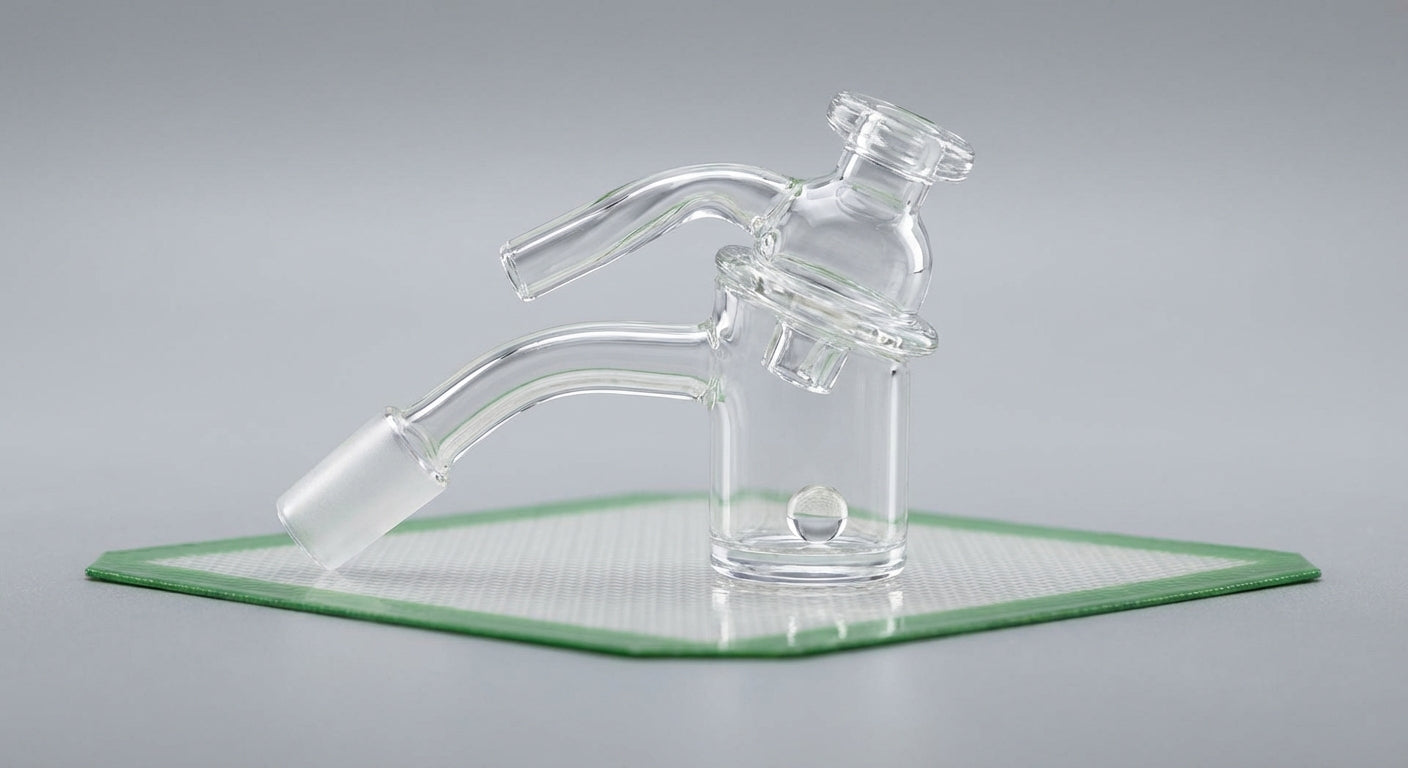 Close-up of a quartz banger with a terp pearl and directional carb cap positioned above it, soft studio lighting