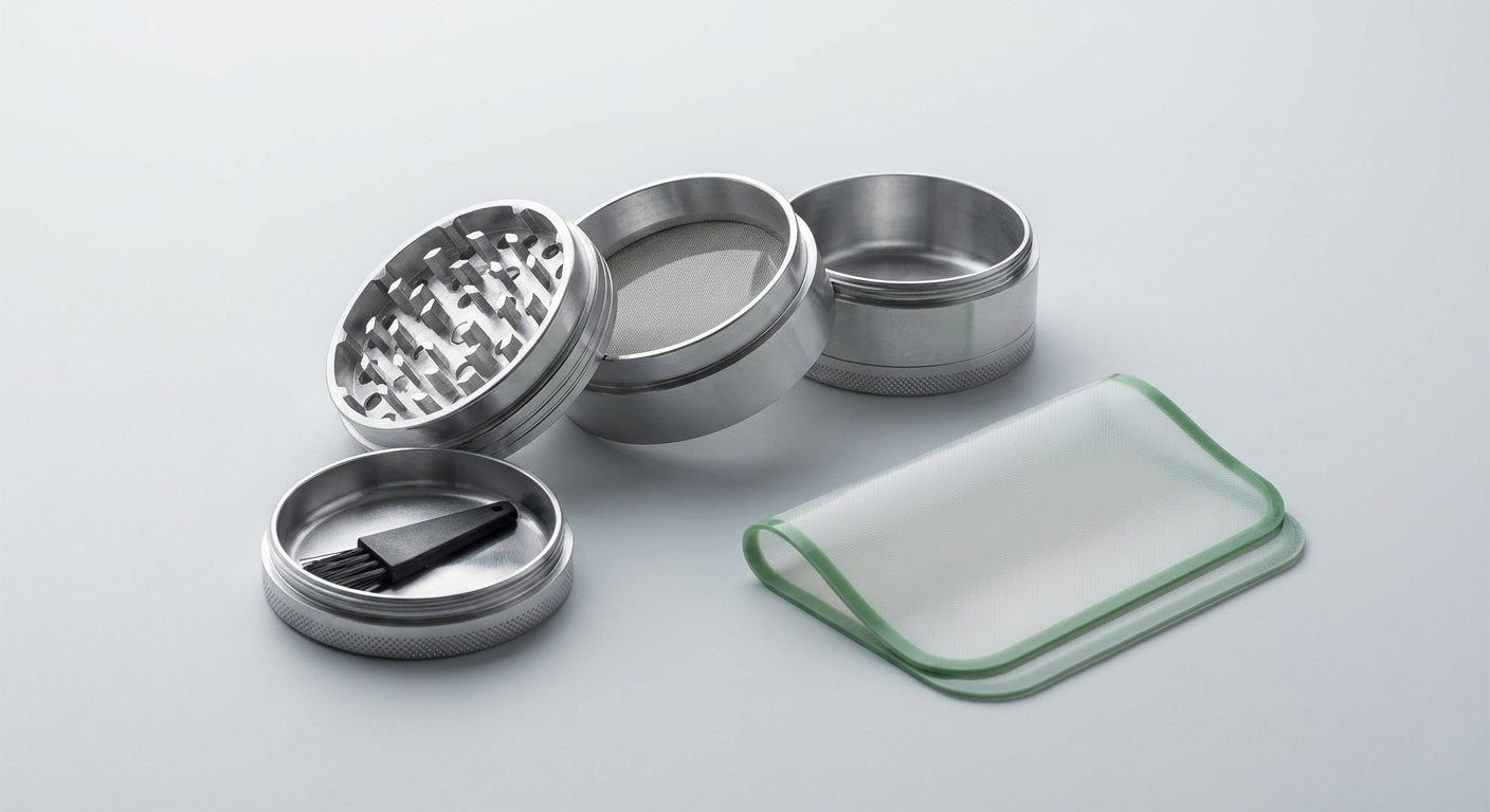 Close-up shot of a 4-piece grinder opened to show all chambers and kief catcher