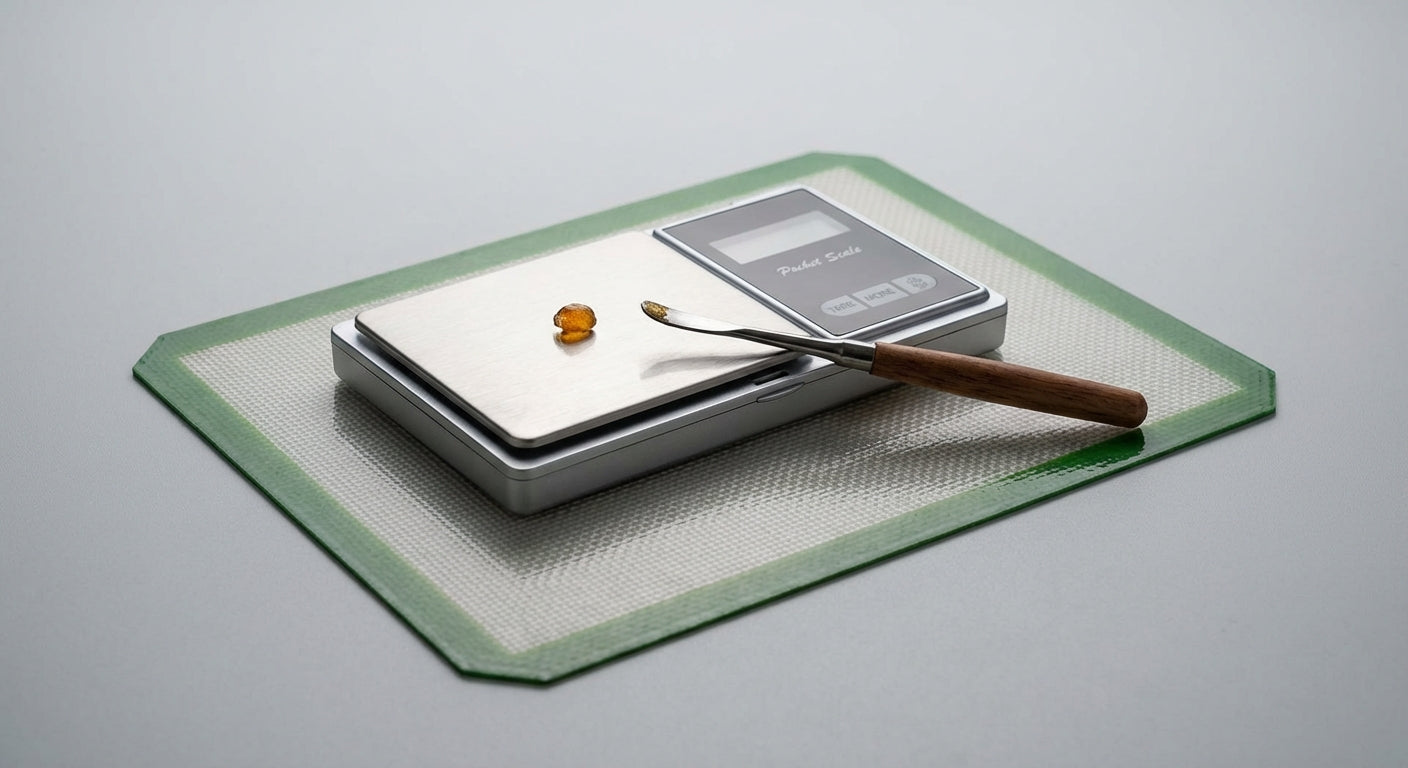 Close-up of a small digital scale, dab tool, and tiny dab on a silicone dab mat