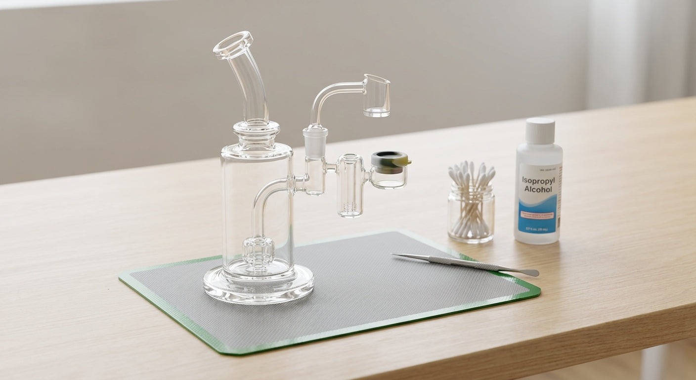 A glass dab rig with a reclaim catcher installed between the banger and rig,  joint angles and jar attachment